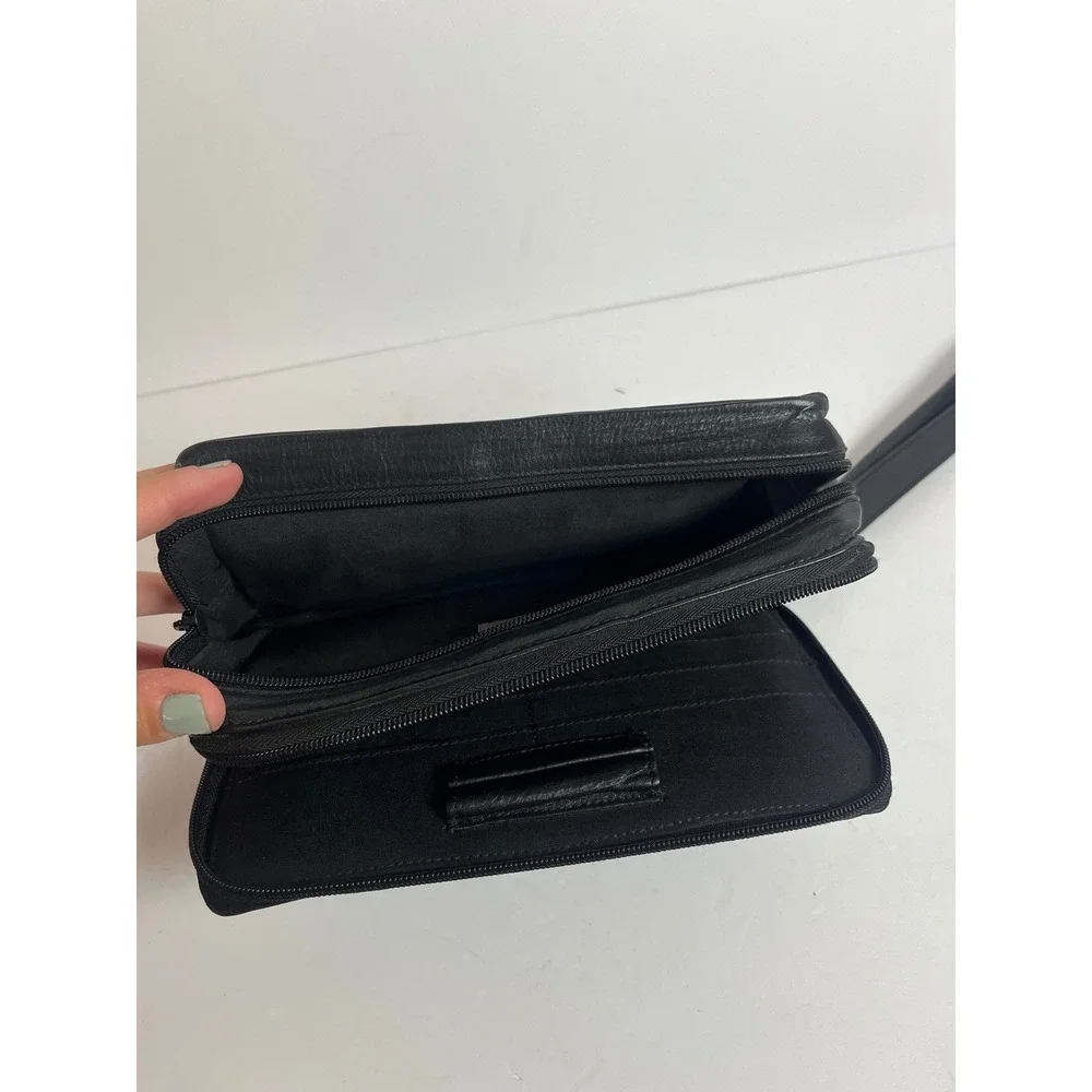 Black Leather Wristlet Clutch‎ Wallet Organizer Bag Purse Travel Small